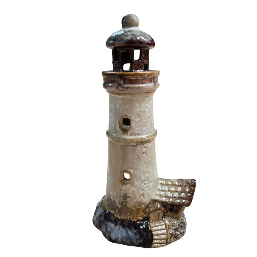 Vintage Rustic Stoneware Art Pottery Lighthouse Candle Holder 7.5